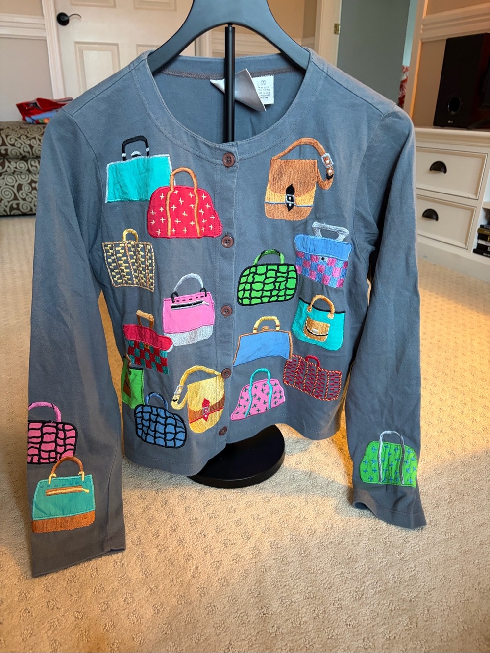 Michael Simon Gray Long Sleeve Cardigan with Colorful Purse Appliqués